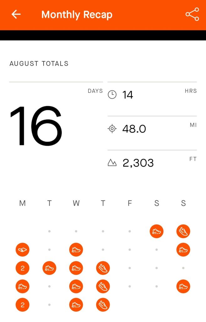 August training totals from Strava: 48miles