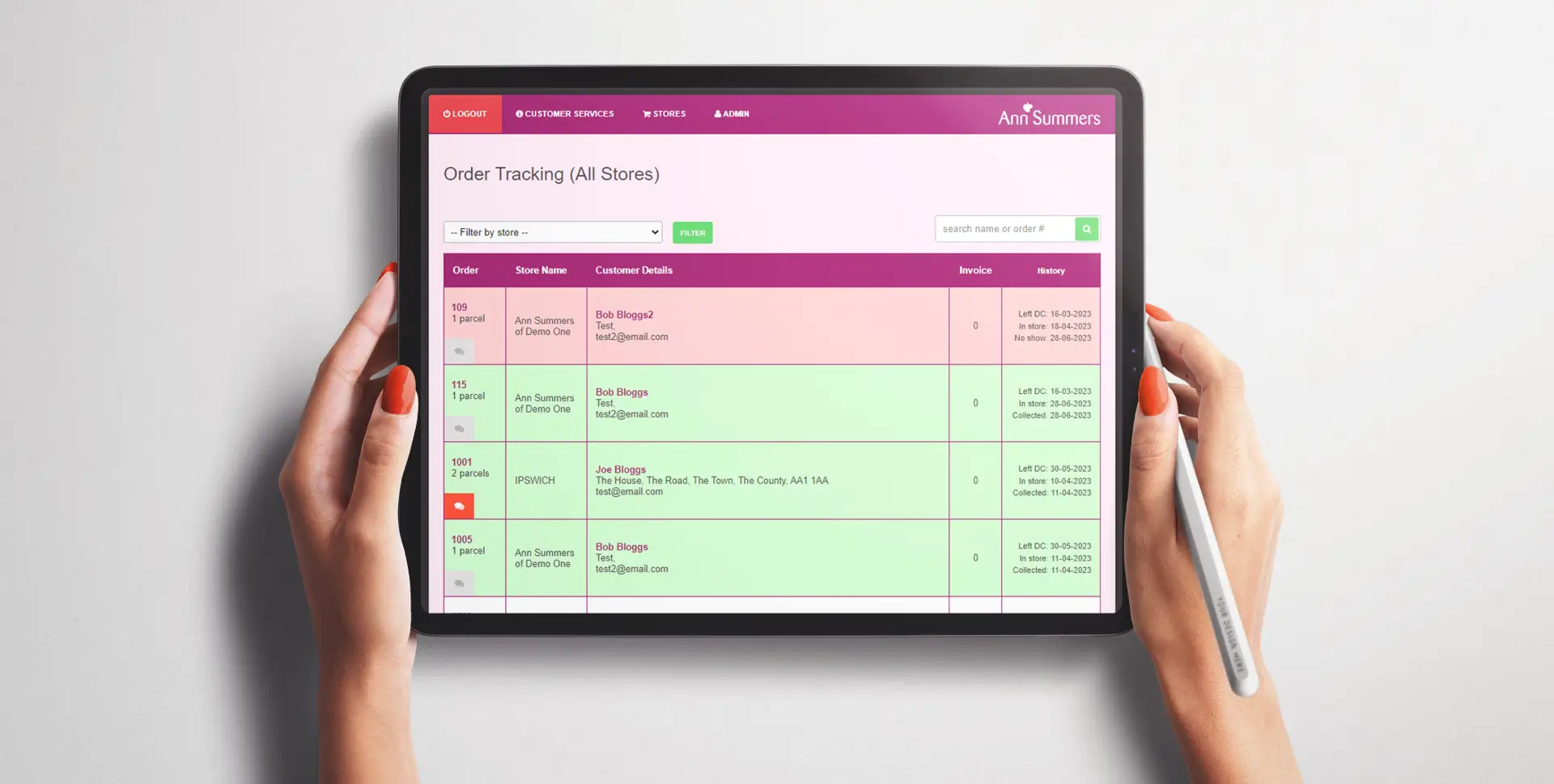 screenshot of the ann summers system on a tablet being held by a woman