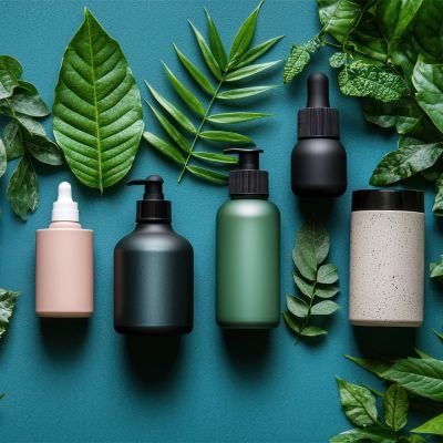 Skincare products arranged with tropical leaves on a teal background.